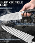 Dragon Creek crinkle cutter knife with stainless steel blade and black handle, side view.