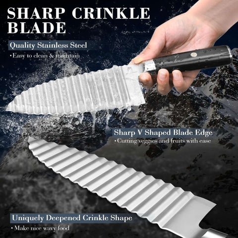 Dragon Creek crinkle cutter knife with stainless steel blade and black handle, side view.