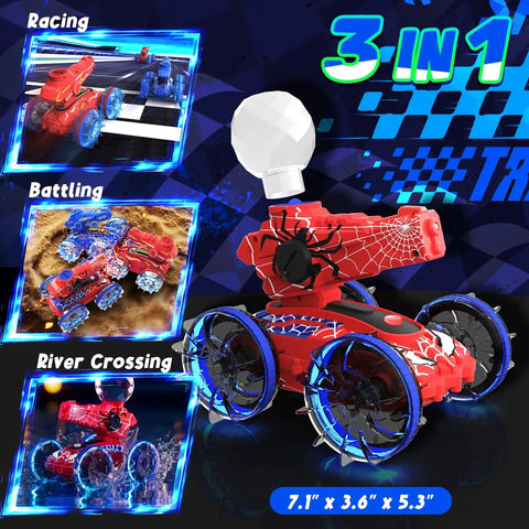 Amphibious Remote Control Car With Water Gun 3 In 1 Waterproof RC Car with red spider design for kids shown in racing and water modes.