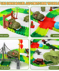 Dinosaur Track Race Car Toys For Kids 3 4 5 6 7 with Flexible Lighted Track Set showing bridge, tunnel, and intersections.