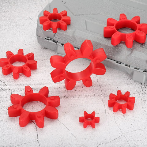 Curved-jaw coupling inserts, 10-piece red urethane center inserts for L-jaw couplings, front view
