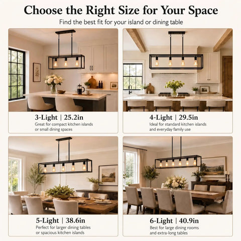Size options for Black Industrial Kitchen Island Light With 3 Light Linear Cage Chandelier in various dining spaces