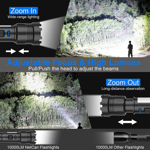 Image showing Ultra Bright 10000 Lumen USB Rechargeable Flashlight With XHP50.2 LED Zoomable Beam illuminating a forest at night.