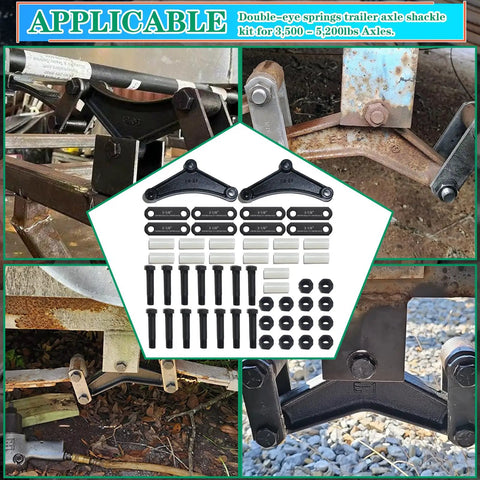 Heavy Duty Trailer Axle Equalizer And Shackle Kit For Double Eye Leaf Spring Suspension Tandem Axle Systems Supporting 3500 To 5200 Lbs Includes 14 Nylon Bushings 14 Bolts And 14 Nuts displayed with installation examples and components