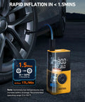 Cordless Tire Inflator With Digital Dual Display 150 PSI Portable Air Pump inflating car tire with LED light