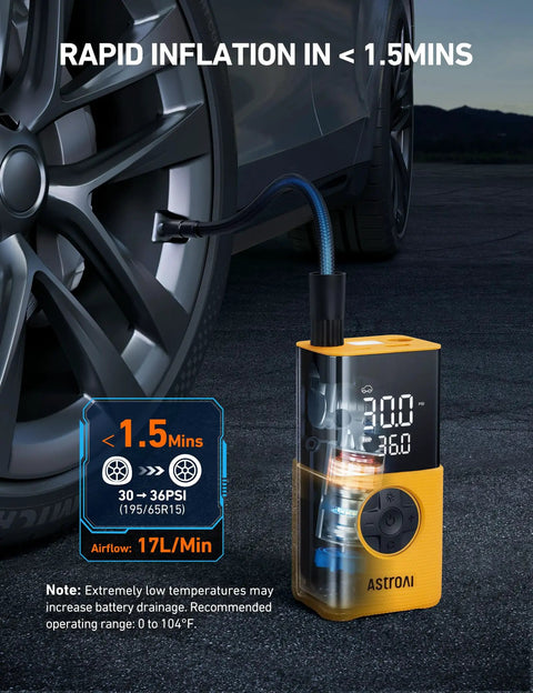 Cordless Tire Inflator With Digital Dual Display 150 PSI Portable Air Pump inflating car tire with LED light