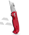 Retractable Utility Knife Set With Heavy Duty Razor Blade And 3 Extra Blades Refills, Built For Cardboard, Packages, Warehouse, Office, And Construction Jobs, Ergonomic Red Cutter For Quick, Clean Cuts, A Real Workhorse red metal knife with 3 blades