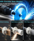 Pro 44Pcs Cutting Wheel Kit with HSS circular saw blades cutting wood, metal, and PVC pipes, showcasing tool versatility.