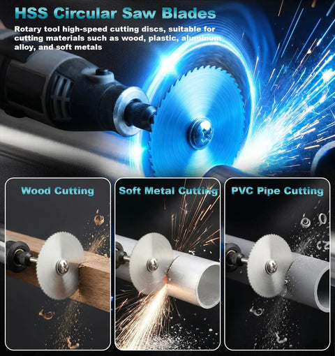 Pro 44Pcs Cutting Wheel Kit with HSS circular saw blades cutting wood, metal, and PVC pipes, showcasing tool versatility.