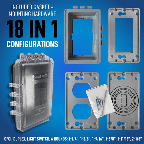 Lockable Weatherproof 1 Gang Outdoor Outlet Cover With Slim Low Profile Design, plastic construction, 18 configurations shown