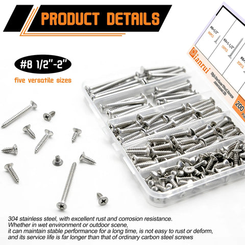 Stainless Steel No 8 Wood And Sheet Metal Screws Kit 200 Pc Assortment Phillips Drive 304 Marine Grade
