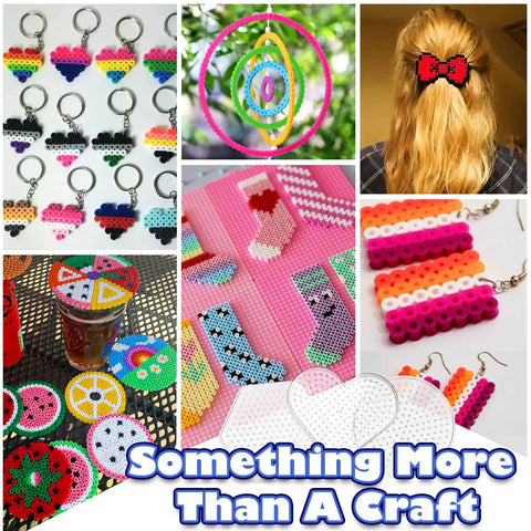 Colorful creations using Fuse Beads Kit 31000 5mm with 48 colors all in one craft set for kids and adults, keychains and hair accessories.