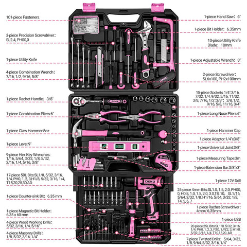 Pink Tool Kit Box Drill Set For Home DIY Enthusiasts with 12V Cordless Drill, Hand Tools, Screwdriver Set in Drawer Case