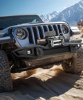 Beefed Up 12000 Lb Electric Winch With 85 Ft Steel Cable 12V Power Winch For Jeep Wrangler UTV ATV And Truck Off Road Recovery Wireless Remote Control And Heavy Duty Motor mounted on Jeep bumper