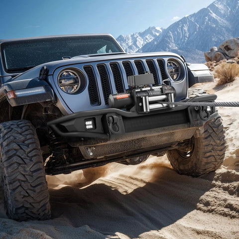 Beefed Up 12000 Lb Electric Winch With 85 Ft Steel Cable 12V Power Winch For Jeep Wrangler UTV ATV And Truck Off Road Recovery Wireless Remote Control And Heavy Duty Motor mounted on Jeep bumper