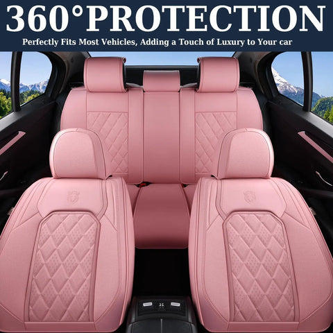 Pink Leather Car Seat Covers Full Set For Most Cars, Universal Waterproof Front And Back Seat Protector with Diamond Pattern in car interior