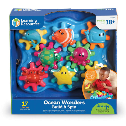 Ocean Wonders Build And Spin Gears Toy Set in packaging with colorful rotating sea creatures, 17 piece STEM kit for toddlers