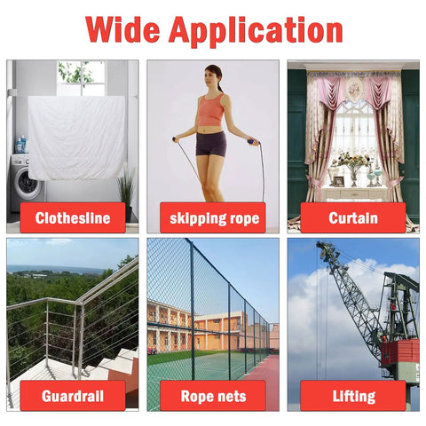 Wide applications of One Eighth Inch T316 Stainless Steel Wire Cable 600 Feet 7x7 Construction Aircraft Cable For Deck Railing Kit DIY Balustrades Marine Grade For Outdoor Use With Heavy Duty Gloves And Cable Cutter Included in guardrails, lifting, rope nets, skipping ropes, clotheslines, and curtains.