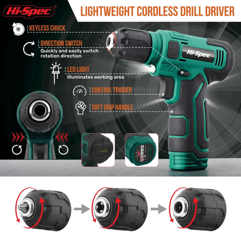 Close-up view of the Do-It-All 110-Piece Cordless Drill And Driver Kit With Portable Case, 8V USB Power showing key features.