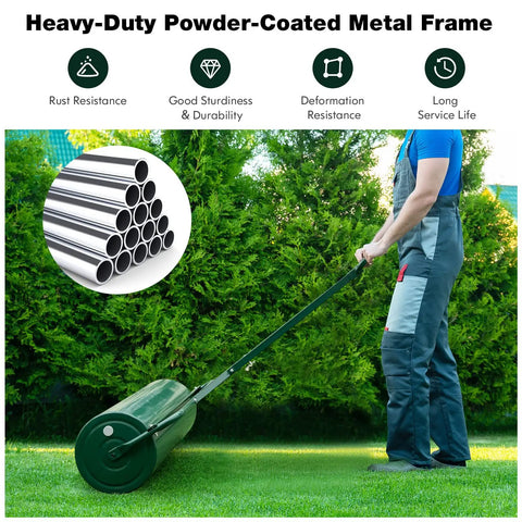 Person using Heavy Duty Lawn Roller Drum For Push Or Tow Behind Tractor, Rust Resistant Powder Coated Metal Frame, Ideal For Garden Yard Park And Farm Maintenance, Sod Flattening And Lawn Leveling Green on grass