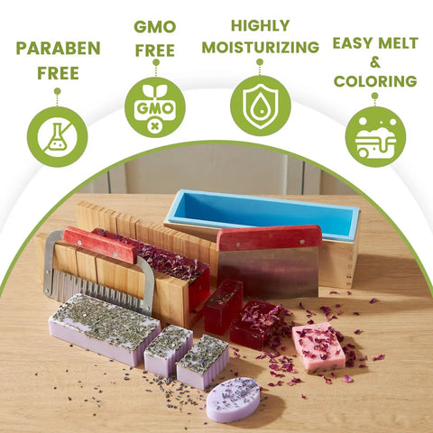 2 In 1 All In One Candle And Soap Making Kit For Beginners With molds, cutter, handmade soap bars on a wooden table