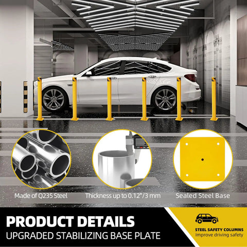 Tough As Nails Six Pack Forty Eight Inch Safety Bollard Posts in garage setting, showcasing bright yellow 4.5in steel design.