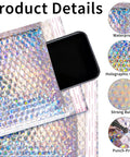 Iridescent Bubble Mailers Set Of 50 In Three Sizes, Waterproof Self Seal Padded Envelopes showcasing holographic design and phone.