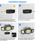 Installation steps for Motion Sensor Solar Outdoor Lights Three Head Flood Lamps Waterproof IP65 3200LM Brightness 7500K Security