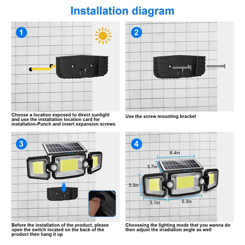 Installation steps for Motion Sensor Solar Outdoor Lights Three Head Flood Lamps Waterproof IP65 3200LM Brightness 7500K Security