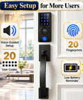 Real Deal Dual Door Smart Lock Kit With Fingerprint Reader And Touchscreen Keypad keyless entry on white door with black handle.