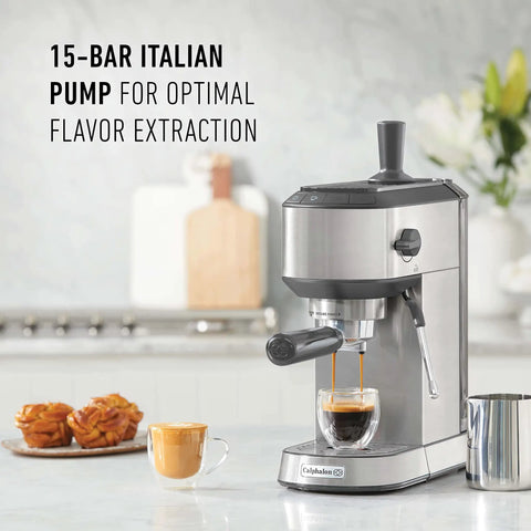 Compact Stainless Steel Espresso Maker With Built In Milk Frother Shoots Pro Level Lattes And Cappuccinos Daily Ultra Sleek Countertop Coffee Brewer Slays Your Cafe Routine Bang For The Buck brewing espresso with 15-bar pump on kitchen counter.