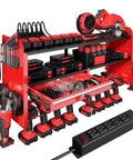 Power Tool Organizer Wall Mount With Drill Rack, Grinder Holder, Hammer And Pliers Rack, Locking Drawers, 6 Outlet Charging Shelf