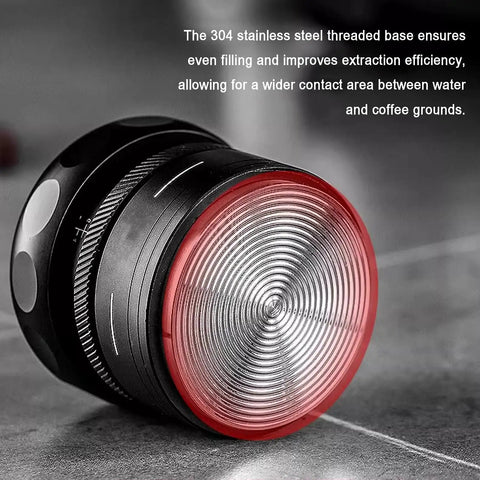 Slick Espresso Tamper Set For 58Mm Portafilters With Auto Scale Dial Wdt Tool And Smart Storage Mat showing 304 stainless steel base.
