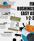 Manual Transmission Shift Cable Bushing Repair Kit with bushings, tool, and grease, instructional guide displayed.