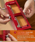 Pro Grade Door Hinge Router Jig Kit Durable Aluminum Mortise Template for doors; red aluminum jig in use on wood edge.