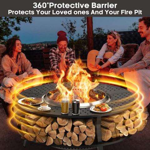 Must Have Fire Pit Surround Tabletop with 360° protective barrier, seated group enjoying warmth, visible wood storage shelf