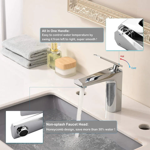 Solid Brass Bathroom Sink Faucet With Single Handle And Single Hole Design, Chrome Finish, includes supply hose, running water