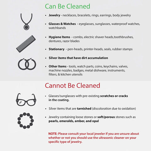 Guidelines for cleaning items with the Top Rated Ultrasonic Jewelry Cleaner Delivers A Slick Shine To Eyeglasses Watches Rings Coins Razors And Gadgets Using Just Tap Water For Quick Deep Cleaning That Really Slaps And Leaves Everything Crisp.