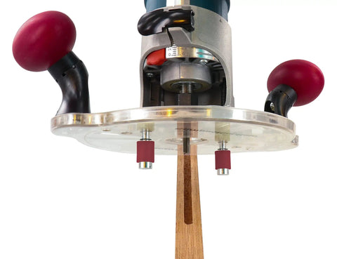 Dead Nuts Universal Compact Router Sub Base Quick Adjust Plate with swivel handles and bushing mounts for precise woodworking.