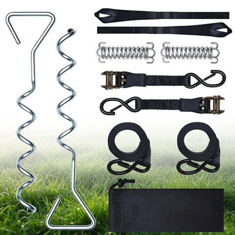 Heavy Duty RV Awning Tie Down Kit with windproof design including spiral ground stakes and 13Ft ratchet straps in a grassy field.