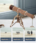 3D Wooden Puzzle Model Building Kit For Adults, DIY Wood Monocular Telescope Kit With Seaspray Pattern And Leather Nameplate, on tripod