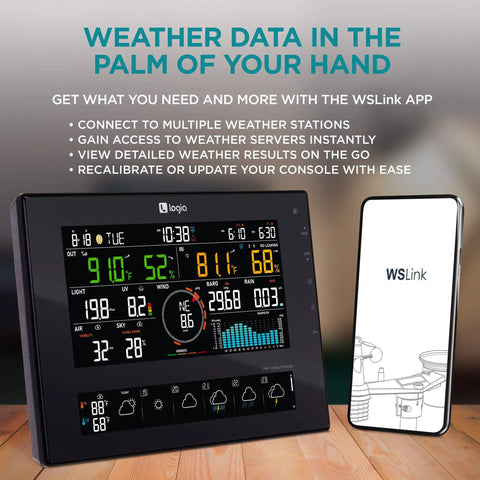 All In One WiFi Weather Station With Solar Power, 8 Inch Color Display, 10 Day And 24 Hour Forecast, shown with app connectivity