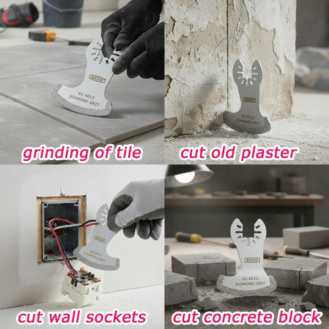 Diamond Grout Multitool Blade Set used for tile grinding, plaster cutting, wall sockets, and concrete block applications.