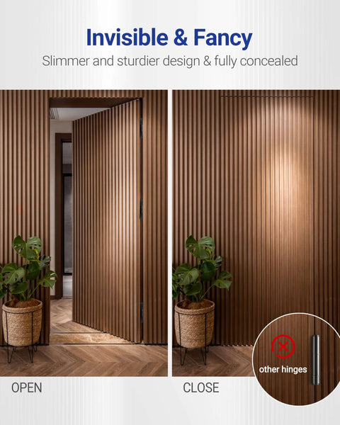 Open and closed views of a wooden door with Hidden Door Hinges 6x2.5x1 Inch Zinc Alloy Concealed Hinge Set Black Heavy Duty 3 Way Adjustable.