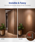 Slick Hidden Door Hinges Pack Of 2, 6 Inch Concealed Zinc Alloy Butt Hinges In Black, installed on wooden door open and closed