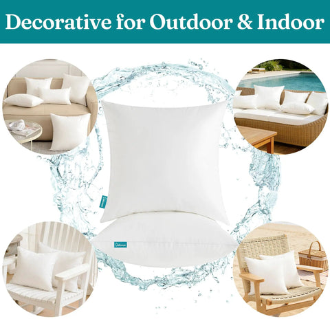 12x20 Outdoor Pillow Inserts Pack Of 2 Waterproof Square Throw Pillows for couch, sofa, bed, and patio furniture, shown in various setups.