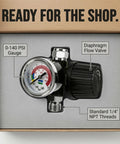 Tough Diaphragm Air Regulator With Analog Pressure Gauge For Hvlp Spray Guns And Compressors Dialing In Two To One Forty Psi inside box showing 0-140 PSI gauge.