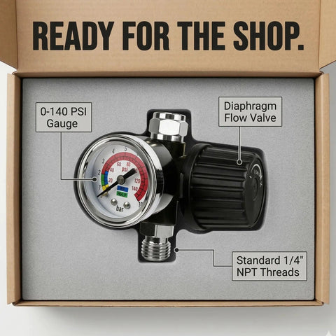 Tough Diaphragm Air Regulator With Analog Pressure Gauge For Hvlp Spray Guns And Compressors Dialing In Two To One Forty Psi inside box showing 0-140 PSI gauge.