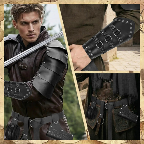 Epic 8 Piece Renaissance Medieval Costume Accessories Set For Men Featuring Leather Shoulder Armor Pauldrons
