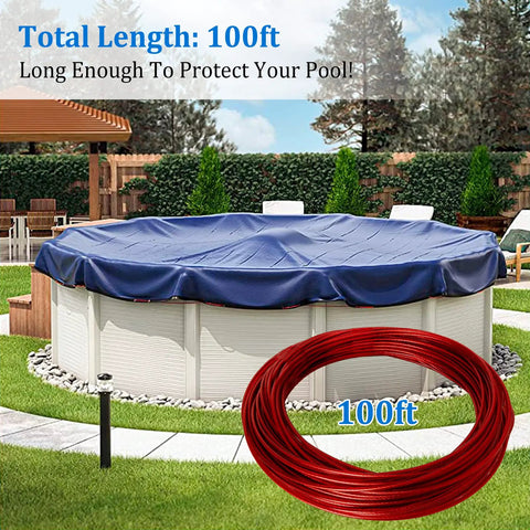 Heavy Duty 100 Foot Pool Cover Cable And Aluminum Winch Kit with blue cover on above-ground pool in garden